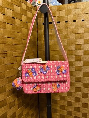 Marshalls Pink Woven Shoulder Bag with Purple & Orange Floral Appliqués